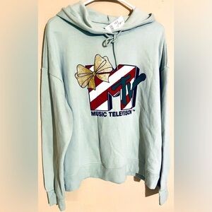 🎶 MTV MINT Color Sweatshirt Hoodie New Sz XL Holiday Design Gold Glitter Warm